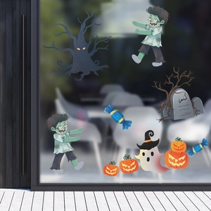Detailed Halloween window decals featuring cartoon zombies, spooky trees, and pumpkins