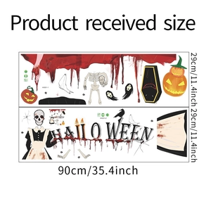 Detailed size chart showing two 90x29cm Halloween PVC stickers with skulls and pumpkins