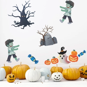 Halloween wall stickers with cute zombies, pumpkins, and spooky trees for home decoration