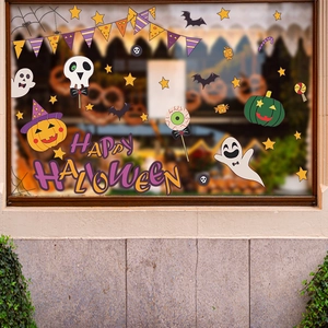 Halloween window stickers set featuring pumpkin ghost bat decals and purple banner art
