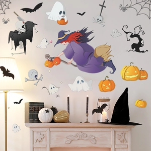 Halloween wall decals set with witch pumpkins and ghosts for home window decoration