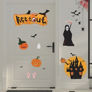 Halloween wall stickers featuring pumpkin, ghost, and bat decor on white wooden doors
