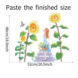 Detailed size map of girl and sunflowers wall sticker showing 48x52cm dimensions