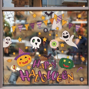 Halloween window decals featuring pumpkins, ghosts, and skulls for festive home decoration