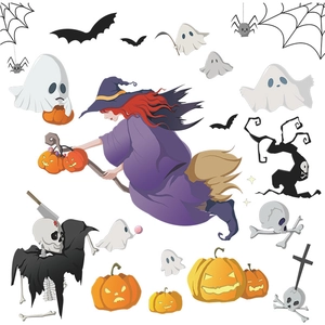 Halloween wall stickers featuring cartoon witch, ghosts, pumpkins and bats on white background