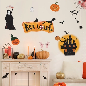 Halloween wall stickers set with moon castle bats and pumpkin for festive home decoration