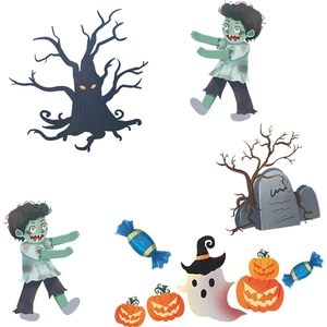 Halloween wall stickers featuring cartoon zombies, pumpkin lanterns and spooky trees