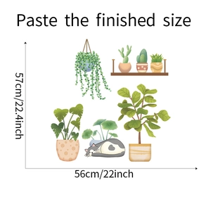 Detail view of tropical potted plant wall stickers showing 56x57cm finished dimensions