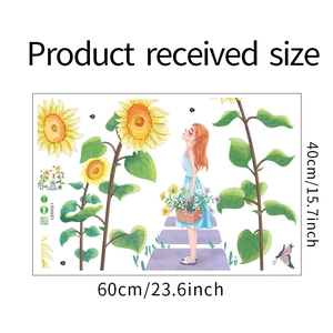 Flat lay of cartoon sunflower and girl PVC wall decals showing 60x40cm sheet layout