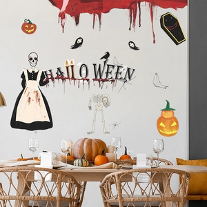 Halloween wall sticker set with spooky skeletons and pumpkins for home window decoration