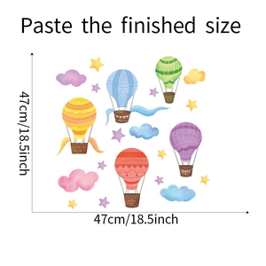 Detailed dimension guide for hot air balloon wall decals showing 47cm layout size