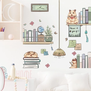 Detailed view of cartoon hamster wall stickers and motivational text in a cozy bedroom