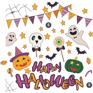 Cartoon Halloween wall stickers featuring pumpkins, ghosts, and colorful party flags
