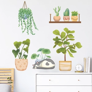 Tropical green plants and cat wall stickers for modern bedroom and living room decor