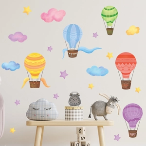 Detail of colorful hot air balloons and stars wall stickers for kids bedroom decor