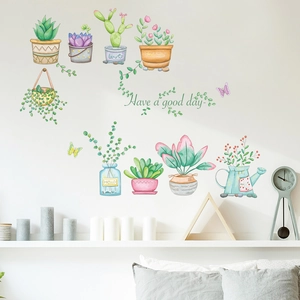 Watercolor Succulent Potted Plants Wall Stickers Removable PVC Green Leaf Butterfly Decals For Living Room Bedroom Home Decor
