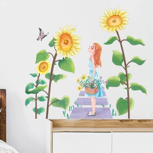 Cartoon girl and sunflowers wall sticker for bedroom and living room home decoration