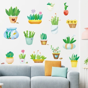 Set de 14 stickers muraux plantes en pot de dessin animé pour la décoration de la maison