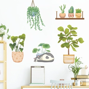 Tropical potted plants and sleeping cat wall stickers for bedroom home wall decor