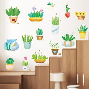 Stickers muraux de plantes en pot dessin animé avec cactus et succulentes pour décoration