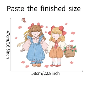 Detailed view of hand-drawn cartoon girls wall sticker with specific size measurements
