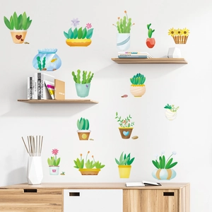 Stickers muraux de plantes en pot de dessin animé pour décoration de chambre et salon