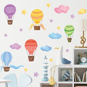 Cartoon hot air balloons with clouds and stars PVC wall stickers for kids nursery rooms