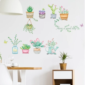 Watercolor succulent wall stickers with butterflies and Have a Good Day text for home decor