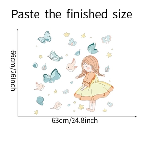 Dimensions du sticker mural fille cartoon indiquant 66 cm de hauteur et 63 cm de largeur
