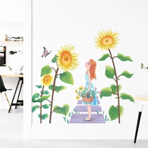 Cartoon girl and sunflower wall stickers for modern bedroom living room home decor