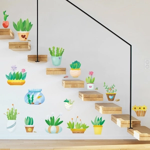Autocollant Mural Plantes en Pot Dessin Animé Succulente Cactus Bocal à Poissons PVC Décalcomanie pour Chambre Salon Décoration