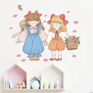 Cartoon girls wall sticker mural for kids room decoration in warm nursery setting
