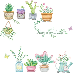 Hand-painted watercolor succulent plant wall stickers with butterflies and floral motifs