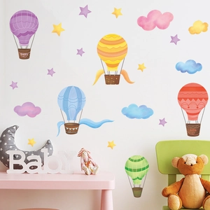 Colorful watercolor hot air balloon wall decals for kids room decor with stars and clouds