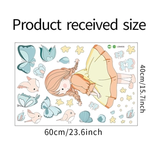 Détail du sticker mural fille et papillons avec disposition de taille de produit 60x40cm