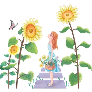 Cartoon girl with sunflower basket wall sticker for home bedroom and living room decor
