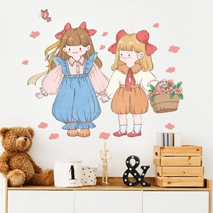 Cartoon girl and flower wall stickers for kids bedroom nursery home wall decor