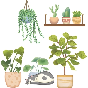 Tropical succulent wall stickers with green potted plants and a sleeping cat for home decor