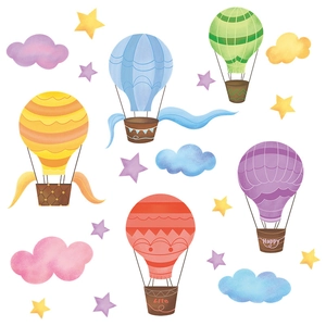 Cartoon colorful hot air balloon wall stickers with clouds and stars for kids room decor