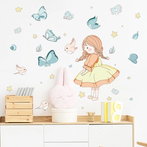 Set de stickers muraux fille de dessin animé avec papillons et oiseaux pour chambre