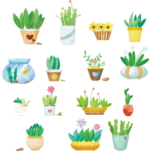 Stickers muraux autocollants de plantes en pot et bocal à poissons pour décor de maison
