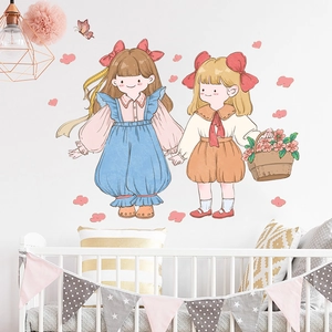 Cartoon girl and flower wall stickers for kids bedroom decor with soft pastel colors