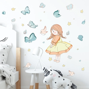 Stickers Muraux Fille Dessin Animé Papillon Oiseau PVC Imperméable Décor de Nurserie Autocollants Art Maison pour Chambre Enfant
