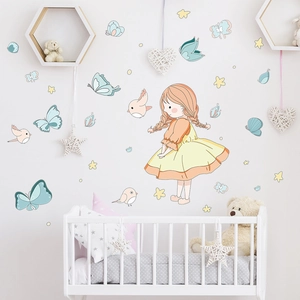 Stickers muraux dessin animé fille avec papillons et oiseaux pour chambre d'enfant