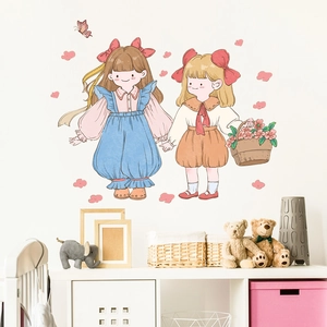 Cartoon girls wall decal with pink flowers and butterflies for nursery home decoration