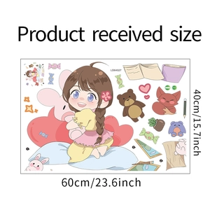 Layout details showing product dimensions of cartoon girl and bear wall stickers