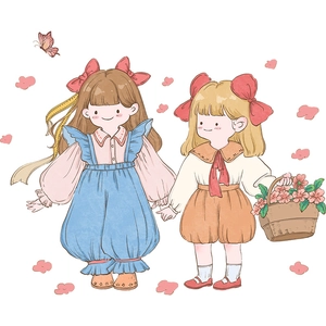 Cartoon girls with flowers wall sticker for bedroom decor with hand-drawn vintage style