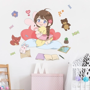 Cartoon girl and animal wall stickers for kids room decor with bear and rabbit decals