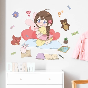 Cute Cartoon Girl Teddy Bear Bunny Wall Stickers Waterproof PVC Removable Wall Decals For Kids Room Nursery Home Decoration
