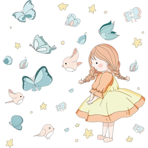 Stickers muraux enfant petite fille avec papillons et oiseaux pour chambre bébé
